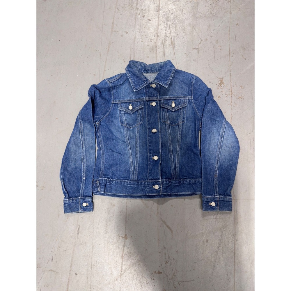 Classic Medium Wash Denim Trucker Jacket Button Front Blue Jean Coat